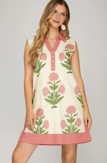 Cream and Coral 1/2 Button Sleeveless Mini Dress – Kollier & Co. Boutique