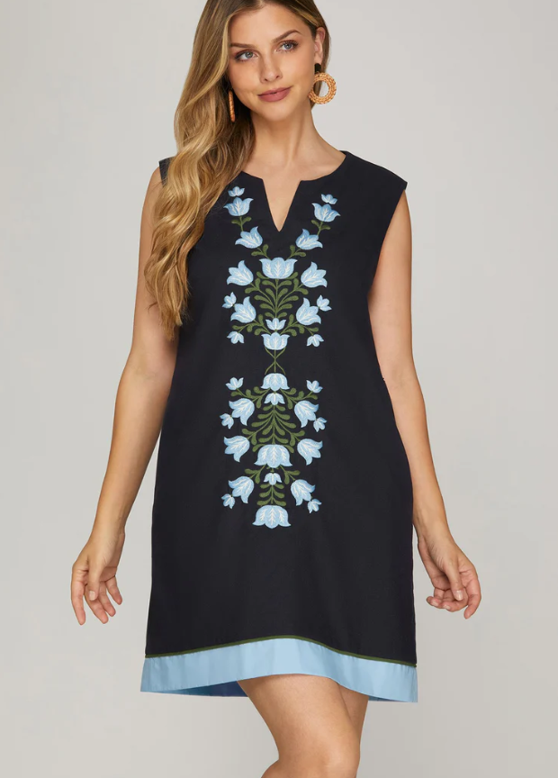 Sleeveless Front Embroidered Mini Dress with Pockets