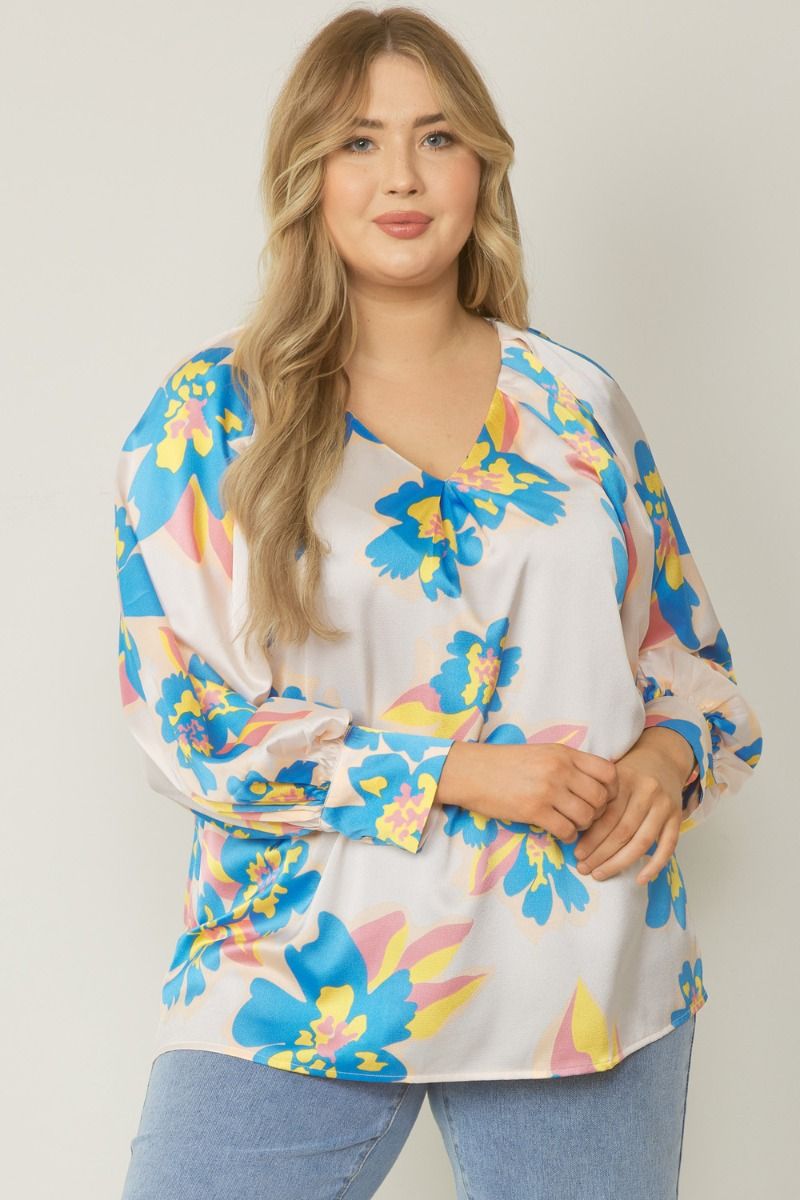 Long Sleeve Silk V-Neck Floral Top - Three Color Options