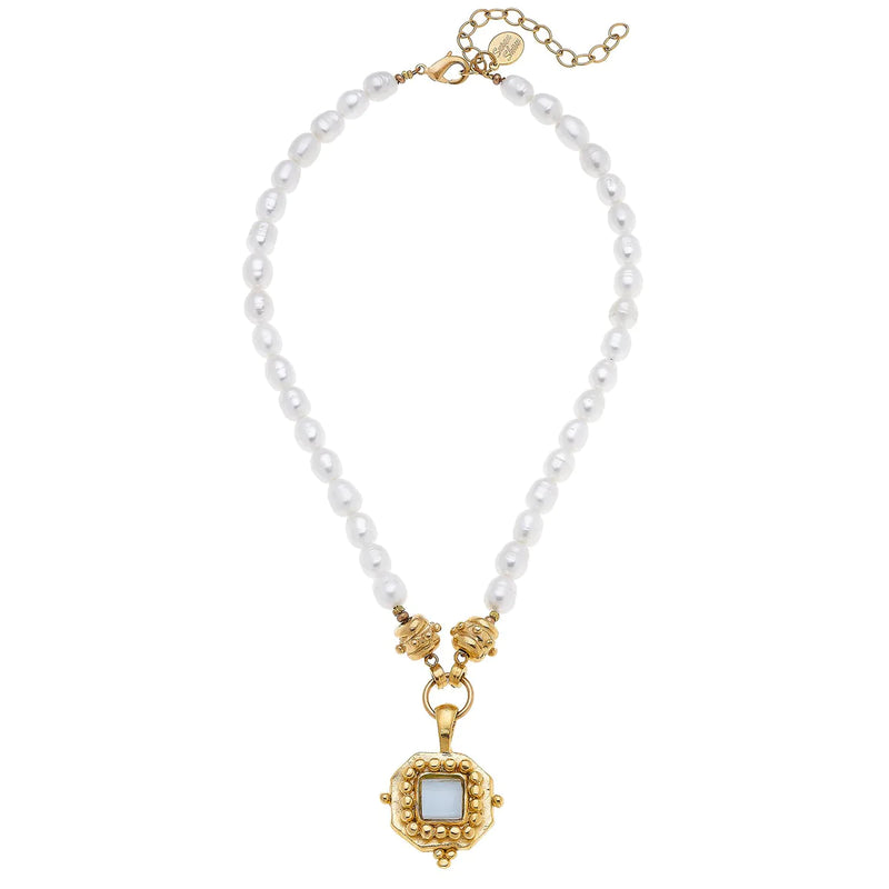 Gold White French Glass On Freshwater Pearl Necklace